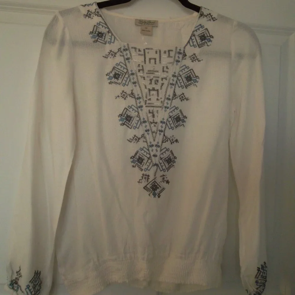 Lucky Brand Aztec Boho Embroidered Beaded Peasant Ivory Blouse - Picture 1 of 8